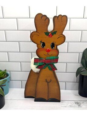 Vintage Handcrafted Wood Reindeer Decor With Plaid Bow & Cotton Tail